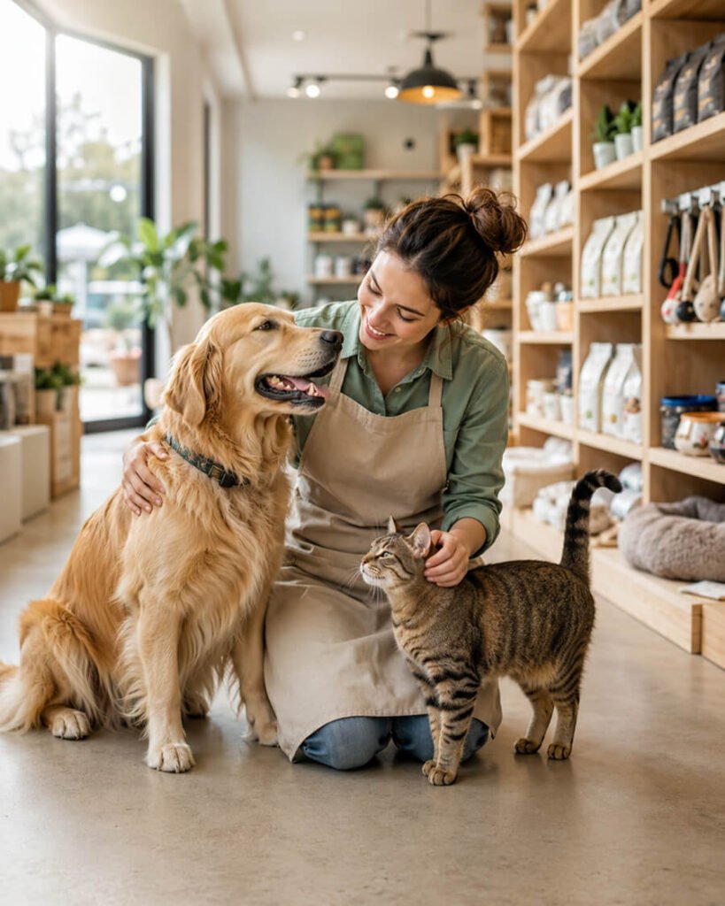 A pet owner spending time with her dog and cat